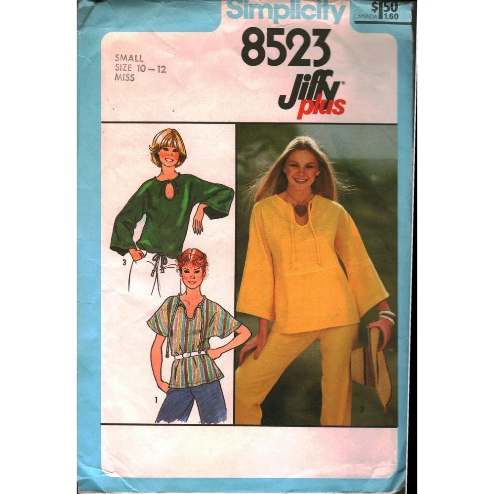 Simplicity 8523 Jiffy Plus Pullover Top Sewing Pattern 1978 Misses Sz 10-12 Boho